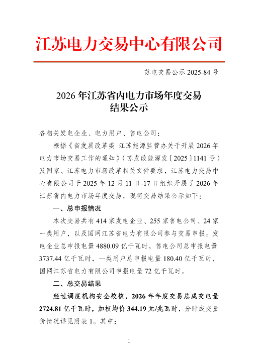 2026年江苏电力市场交易结果公示：风电年度交易均价0.337元/kWh！(图1)